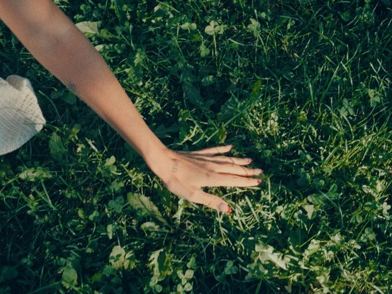 A hand resting on clover and grass, from Thank You, Summer, an Aesop concept film by Studio Propel