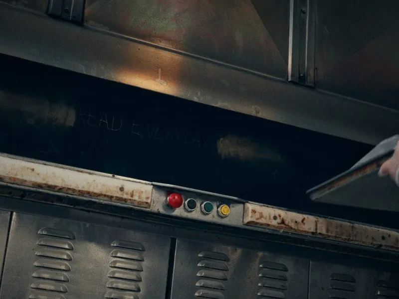 The oven door, Read Everyday scratched into the steel, from Before Thanksgiving, a Studio Propel short film
