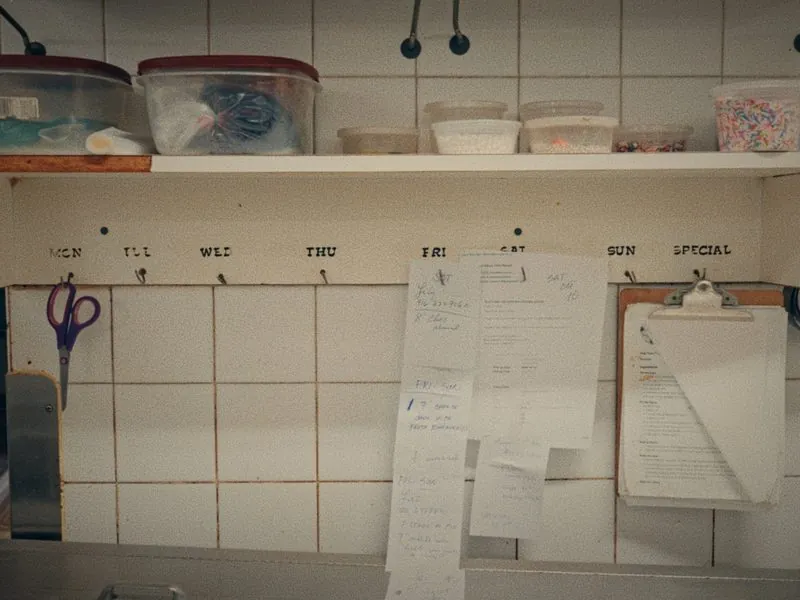Orders for the week clipped under the day of the week, from Before Thanksgiving, a Studio Propel short film