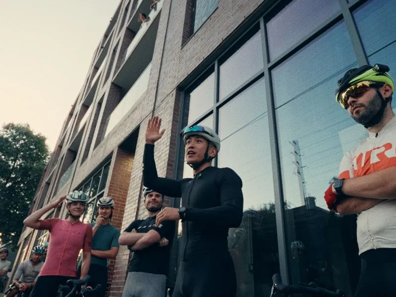 The pre-ride briefing outside the store, from Morning Ride, an ÜNDA Movement brand film by Studio Propel